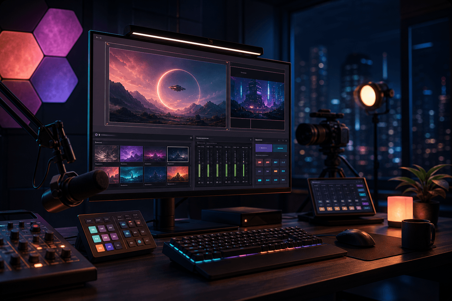 A modern streaming production desk with scene and audio controls