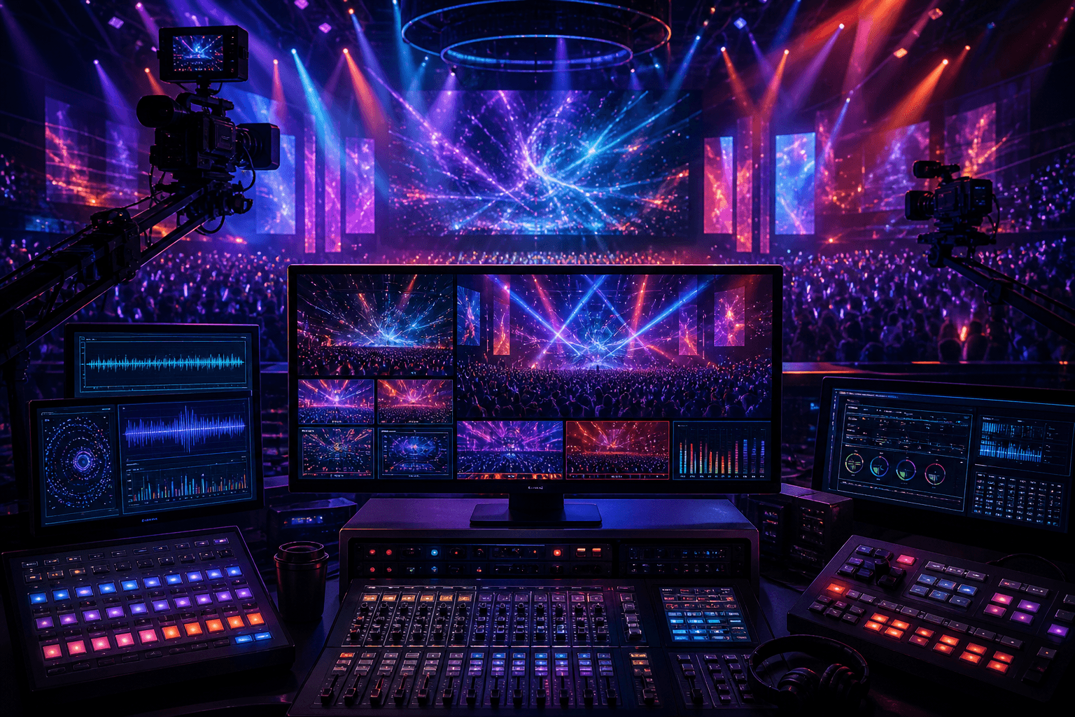 A colorful live production controlled from a broadcast workstation