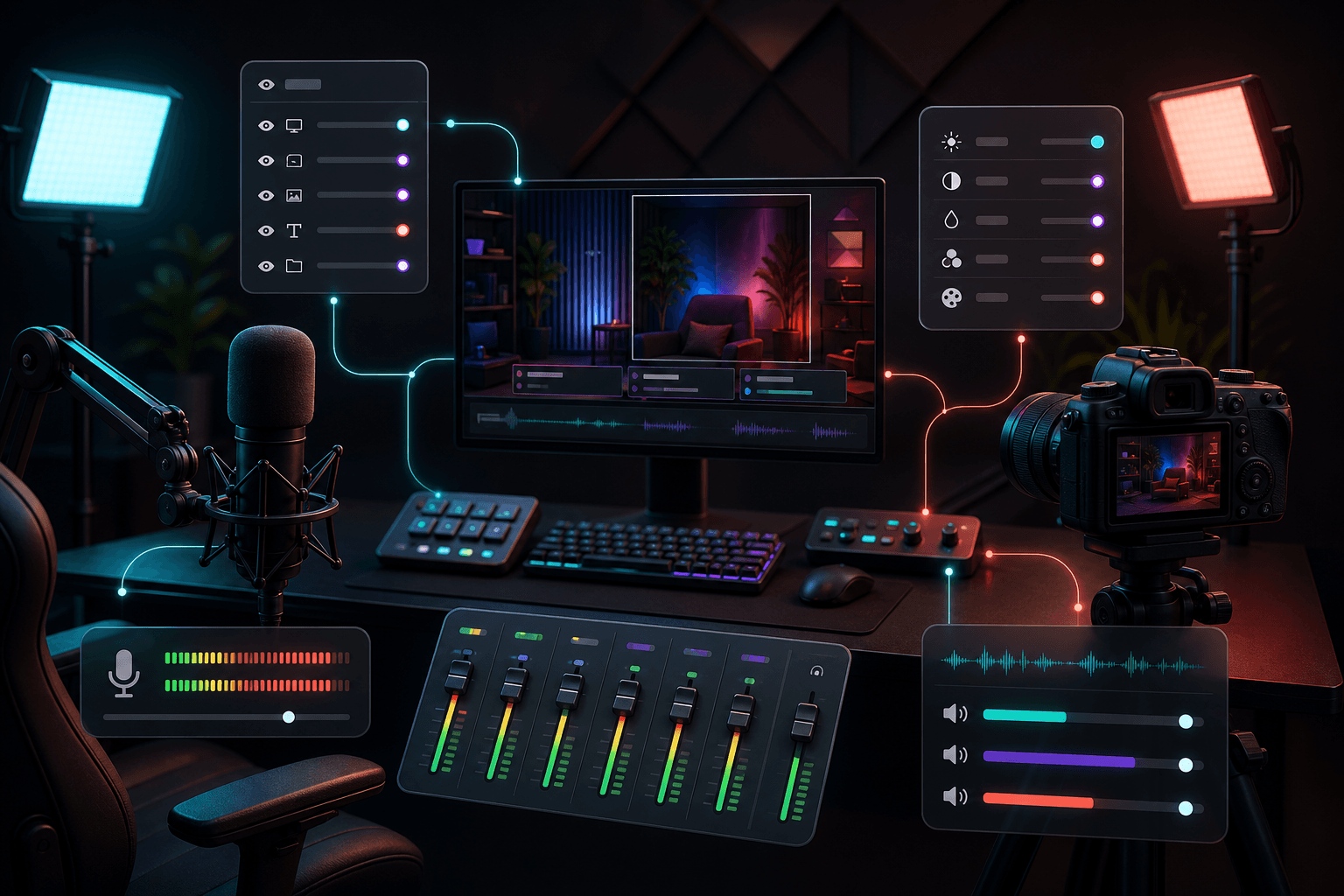 Streaming cameras, lights, source controls, and audio meters