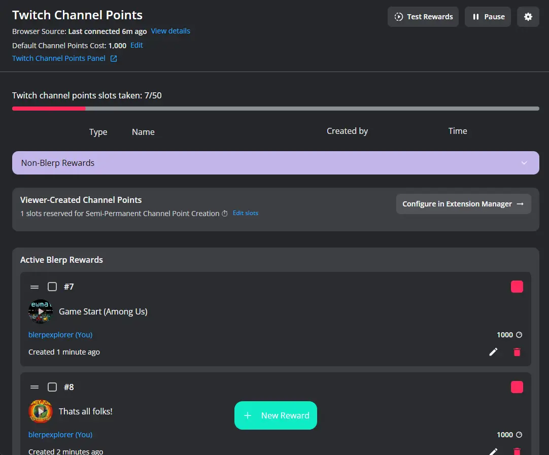Blerp dashboard showing Twitch channel points rewards setup with sounds, TTS, and Blerp Buckets